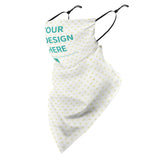 Custom Neck Gaiter with Ear Loops featuring "OUR DESIGN HERE" in teal, white heart print, providing sun and dust protection.