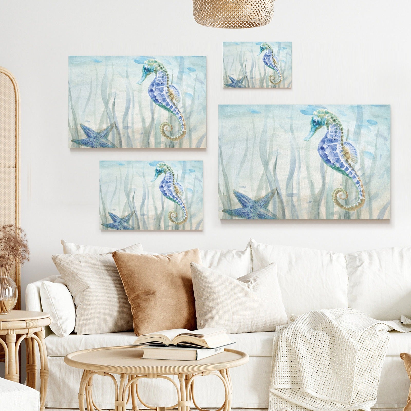 Seahorse and Starfish Canvas Print Set - Watercolor Home Decor - MyArtsyGift