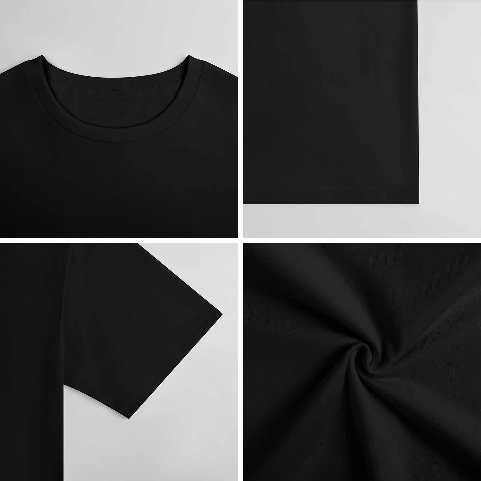 Black cotton t-shirt, detail shots of neckline, sleeve and fabric texture. Perfect for custom designs from MyArtsyGift.