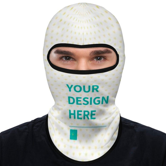 Customizable balaclava face mask for sun protection, with 'YOUR DESIGN HERE' text.