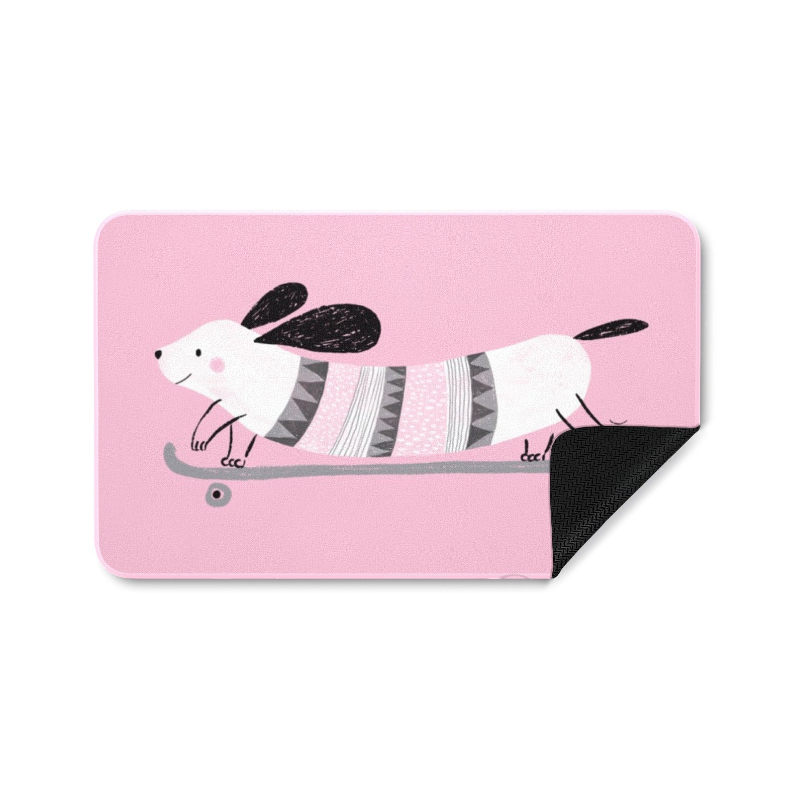 Pink dog door mat for indoor or outdoor use featuring a cartoon dog on a skateboard.