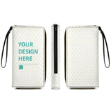 Personalized PU leather wristlet wallet with heart pattern and 'YOUR DESIGN HERE' text