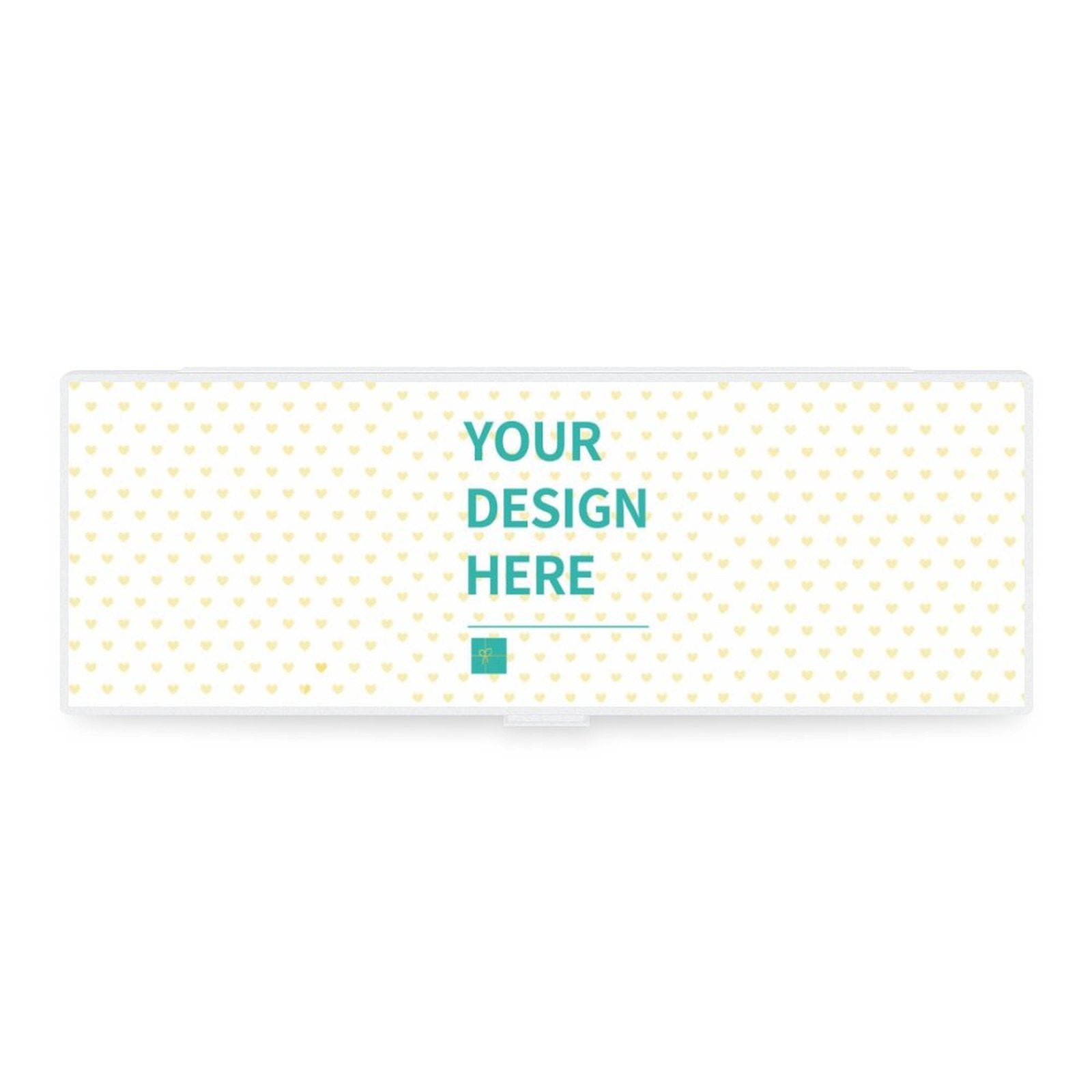 Personalized transparent pencil case with heart design and customization options, perfect for school or office