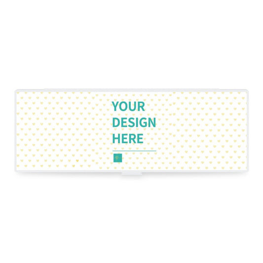 Personalized transparent pencil case with heart design and customization options, perfect for school or office