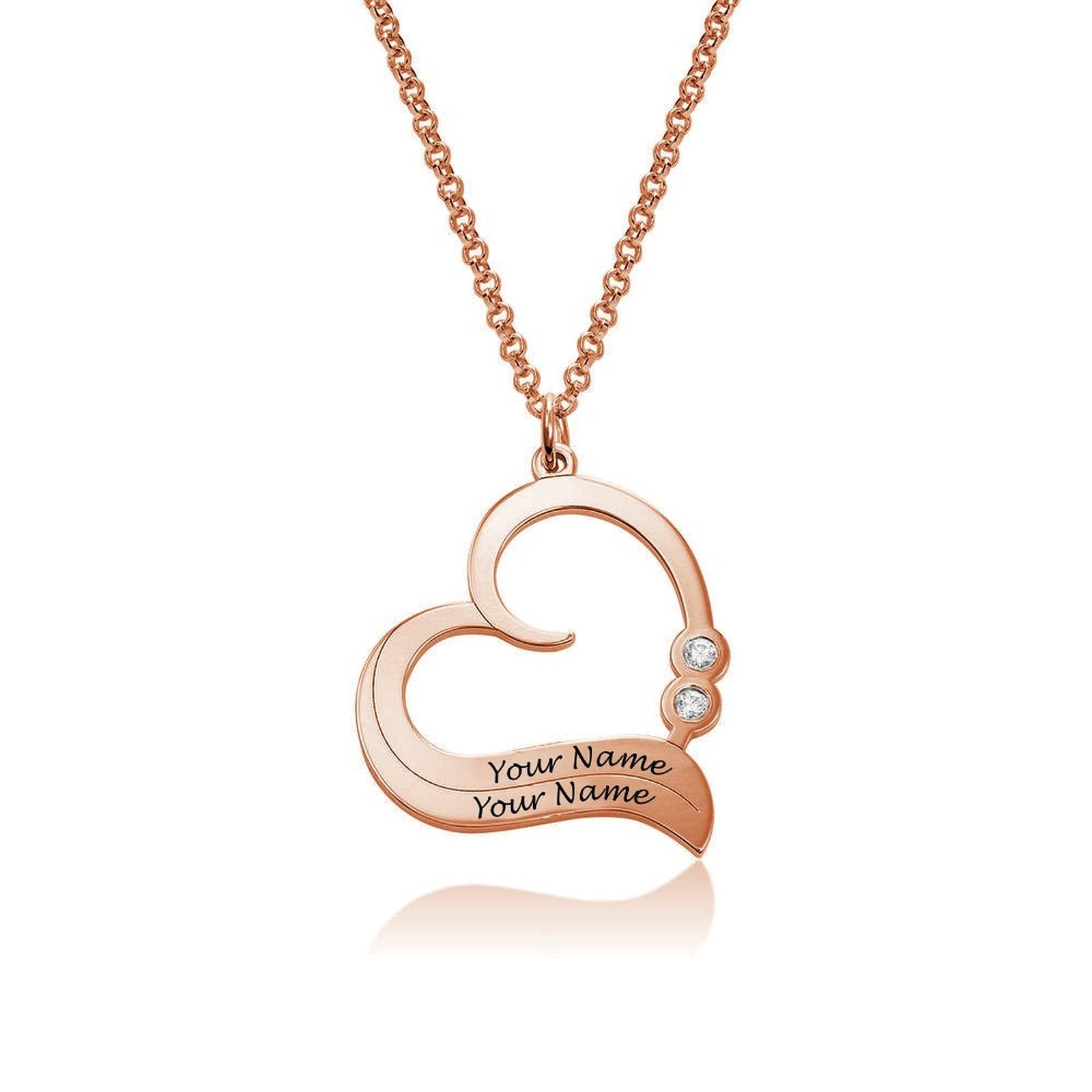 Rose Gold Personalized Heart Necklace with Engraved Names. Custom pendant jewelry gift for women.