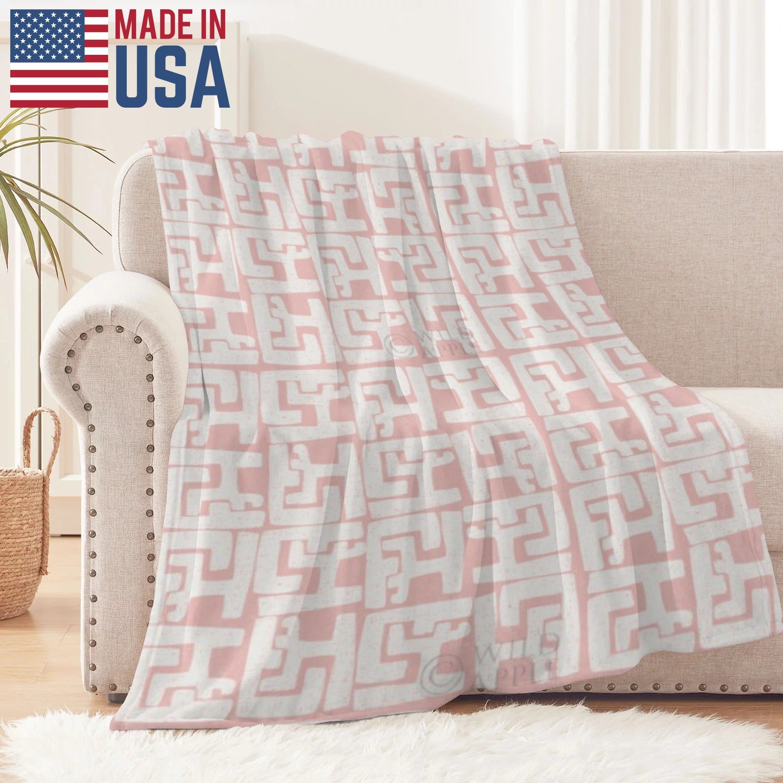 Blush flannel blanket with geometric pattern, Made in USA, cozy home decor for sofa or bed