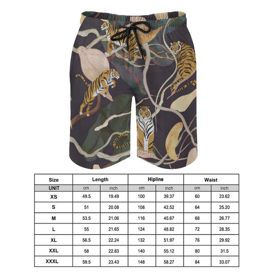 Men's tiger print swim trunks with elastic waistband and quick-dry fabric for beach and casual wear.