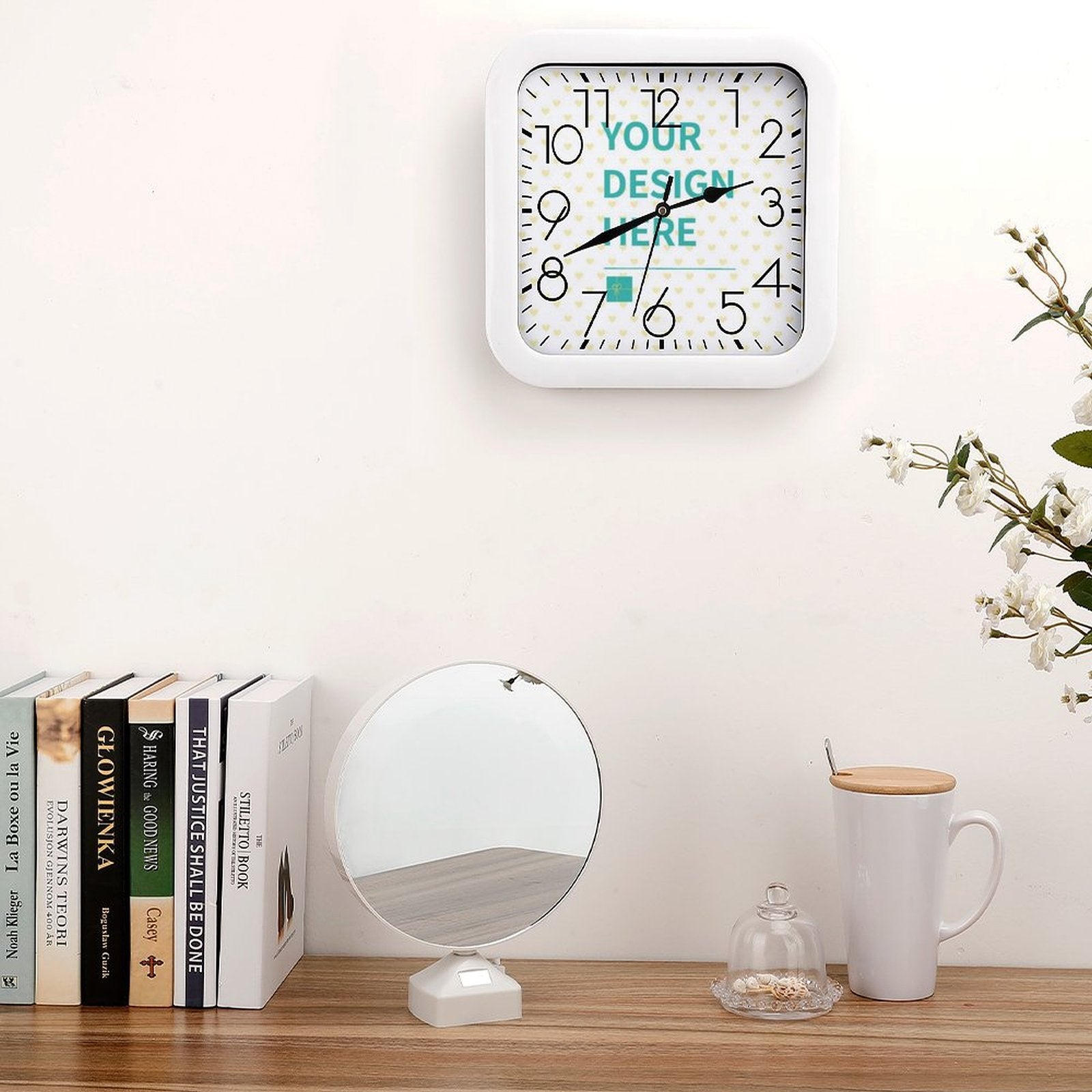 Custom square photo wall clock with 'Your Design Here', home decor item with white frame and silent mechanism.