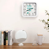 Custom square photo wall clock with 'Your Design Here', home decor item with white frame and silent mechanism.