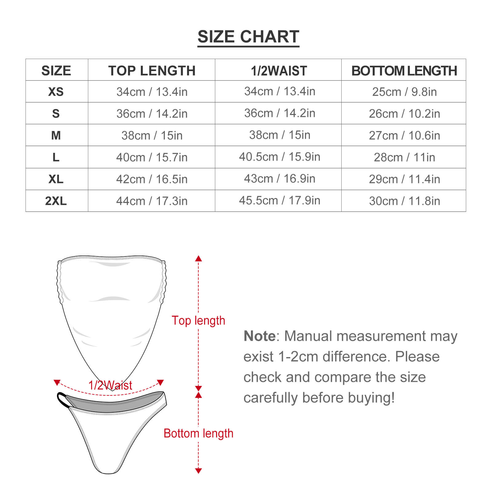 Two-piece swimsuit size chart with measurements for XS-2XL, essential for selecting a personalized bikini set.