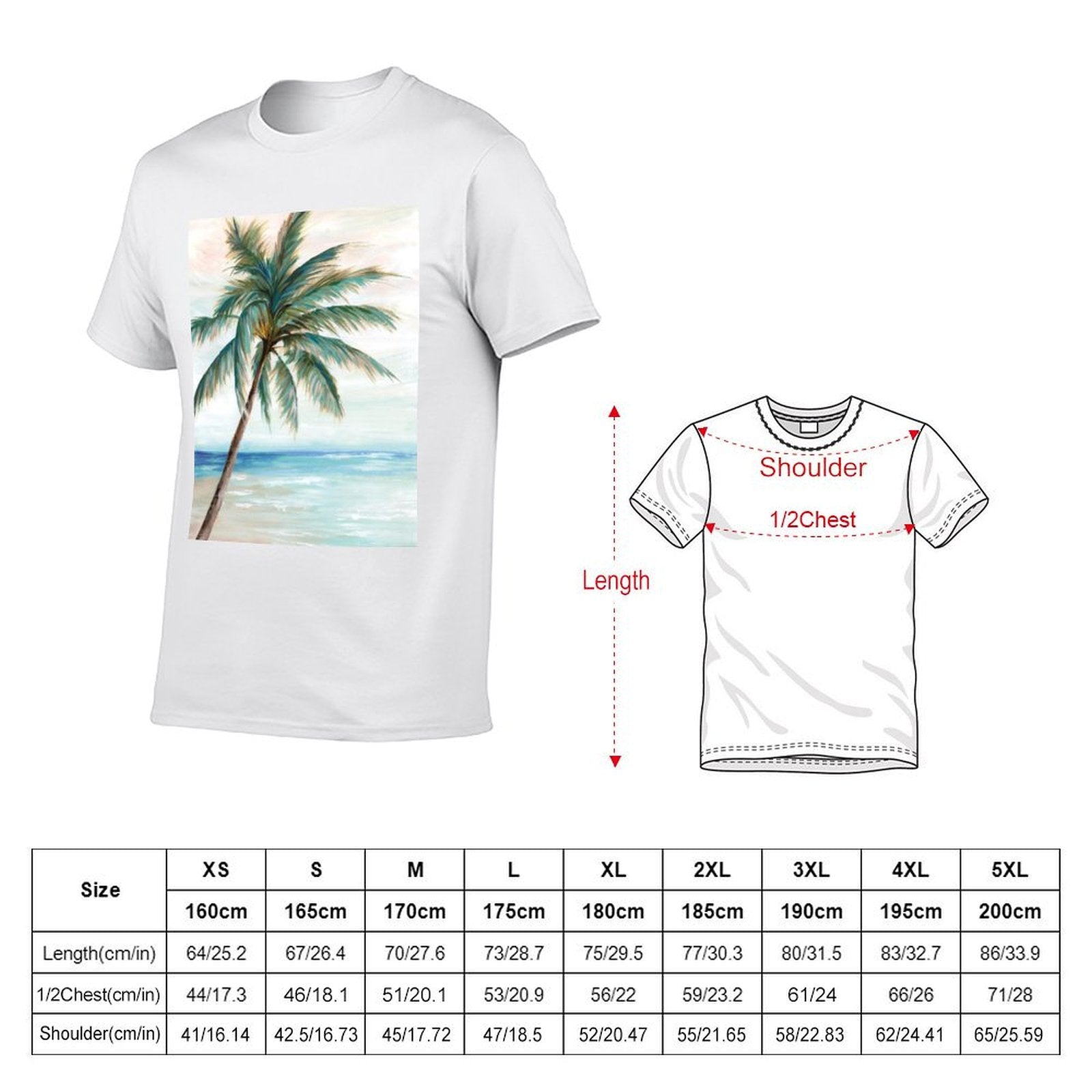 White men's t-shirt with palm tree art print and size chart, perfect for casual wear and self-expression.