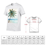 White men's t-shirt with palm tree art print and size chart, perfect for casual wear and self-expression.