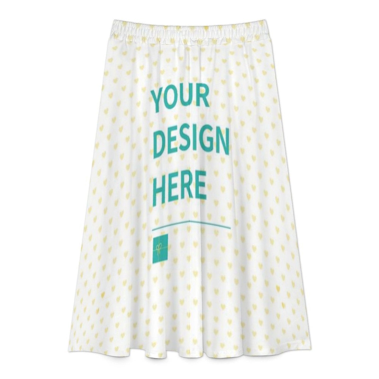 Customizable knee-length skirt with YOUR DESIGN HERE text, featuring a heart pattern. Made of autumn hemp.