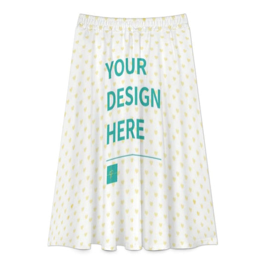 Customizable knee-length skirt with YOUR DESIGN HERE text, featuring a heart pattern. Made of autumn hemp.
