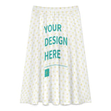 Customizable knee-length skirt with YOUR DESIGN HERE text, featuring a heart pattern. Made of autumn hemp.