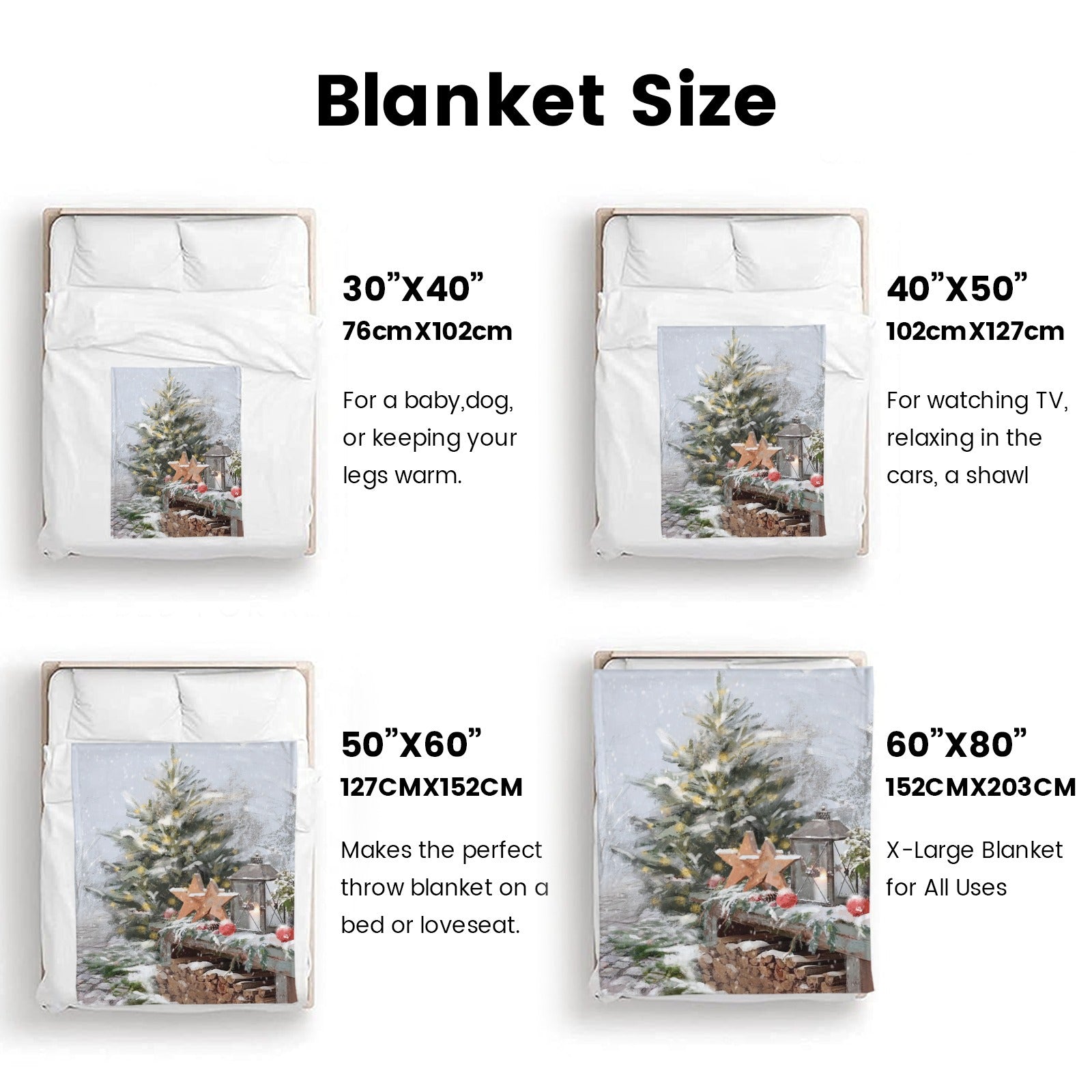 Winter Christmas tree flannel blanket sizes: 30x40, 40x50, 50x60, and 60x80, perfect for warmth and home decor.
