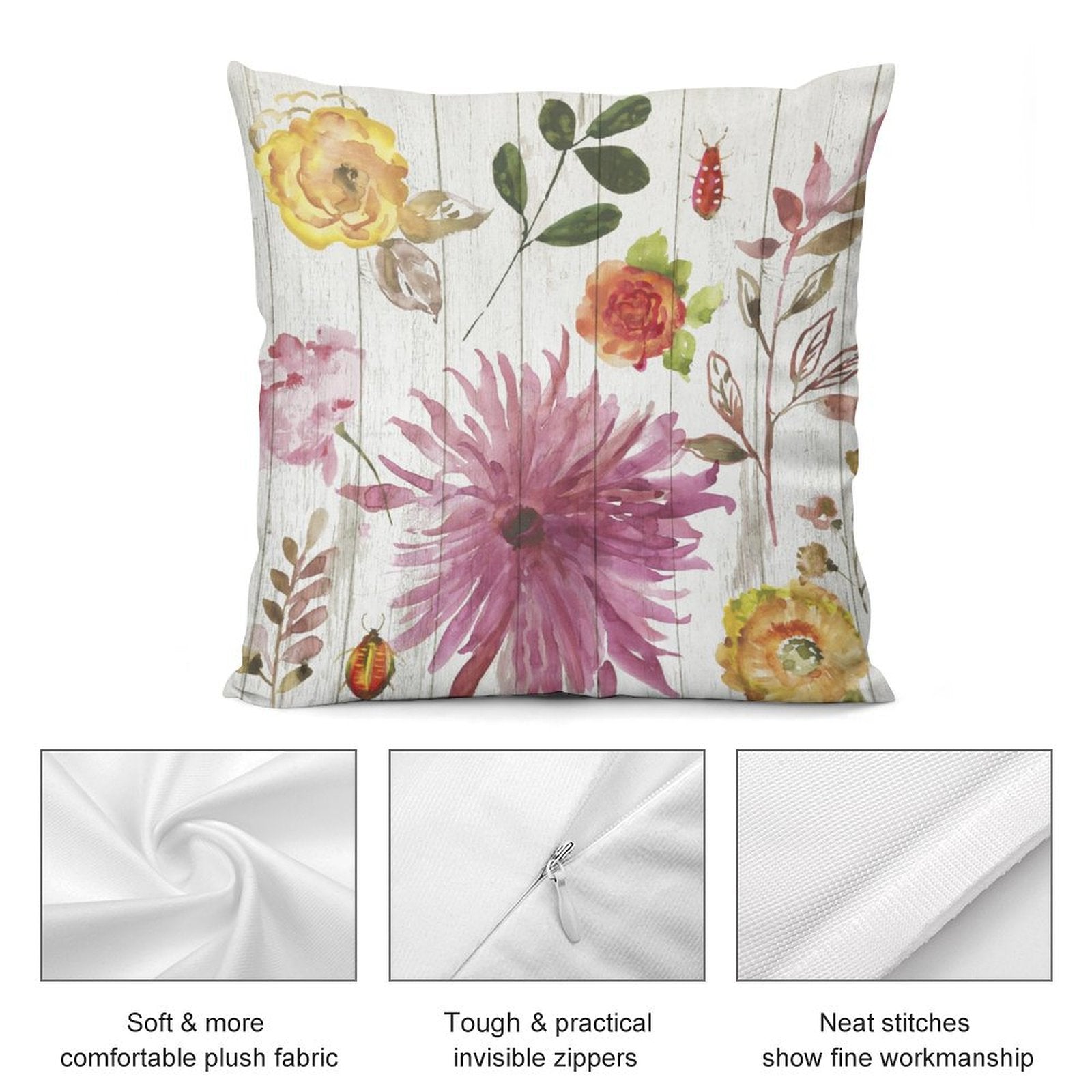 Floral plush pillow cover featuring soft and comfortable fabric, invisible zipper, and neat stitches.