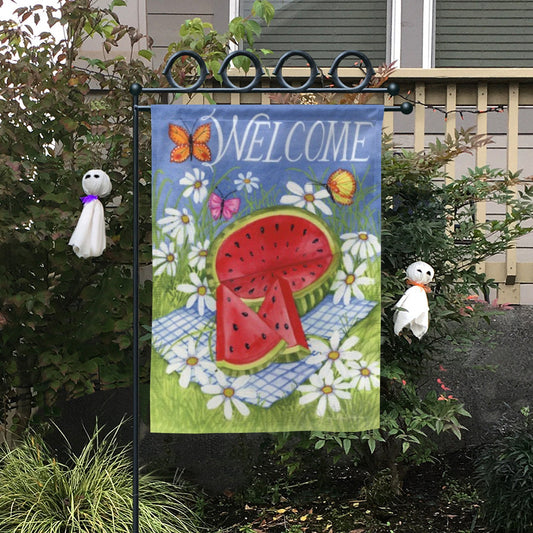 Summertime welcome garden flag with watermelon and daisies for yard farmhouse