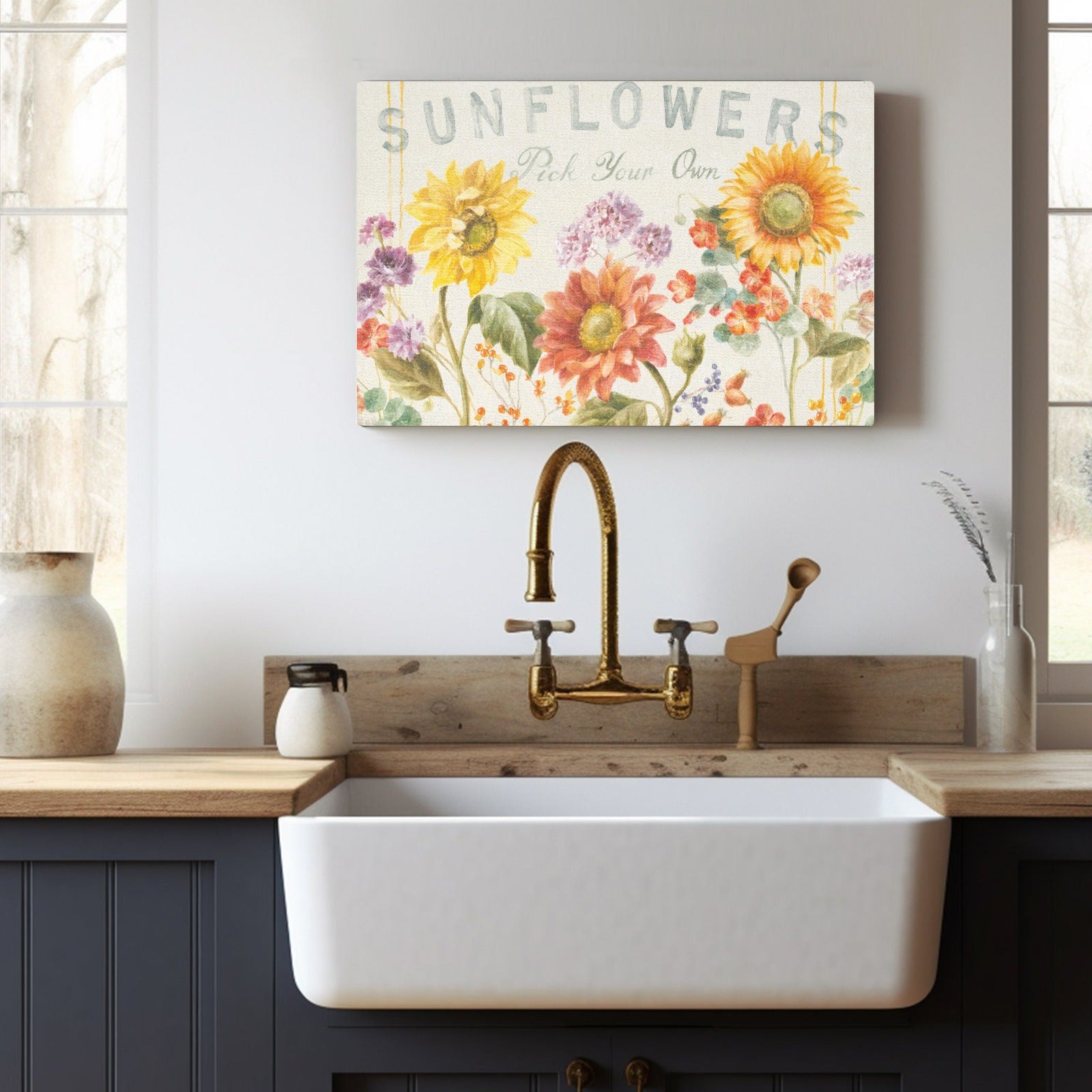 Sunflower canvas print wall art with 'Sunflowers Pick Your Own' text, perfect for kitchen decor.