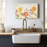 Sunflower canvas print wall art with 'Sunflowers Pick Your Own' text, perfect for kitchen decor.
