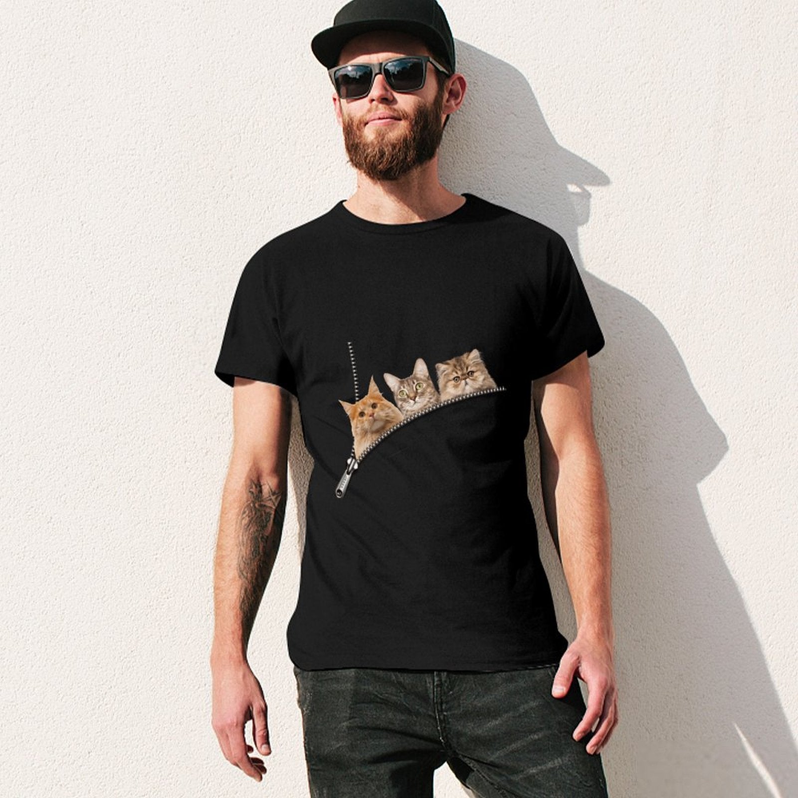 Men's black cat t-shirt with a playful zipper pocket design, comfortable pure cotton fabric for everyday wear.