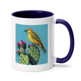 MyArtsyGift white ceramic mug featuring yellow bird and cactus design, with blue handle and inner, WILD APPLE art