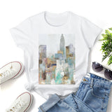 White short sleeve crewneck t-shirt with abstract cityscape graphic, casual wear, perfect gift
