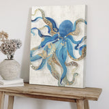 Octopus modern wall art canvas print in blue and gold. Home decor for living room or bedroom