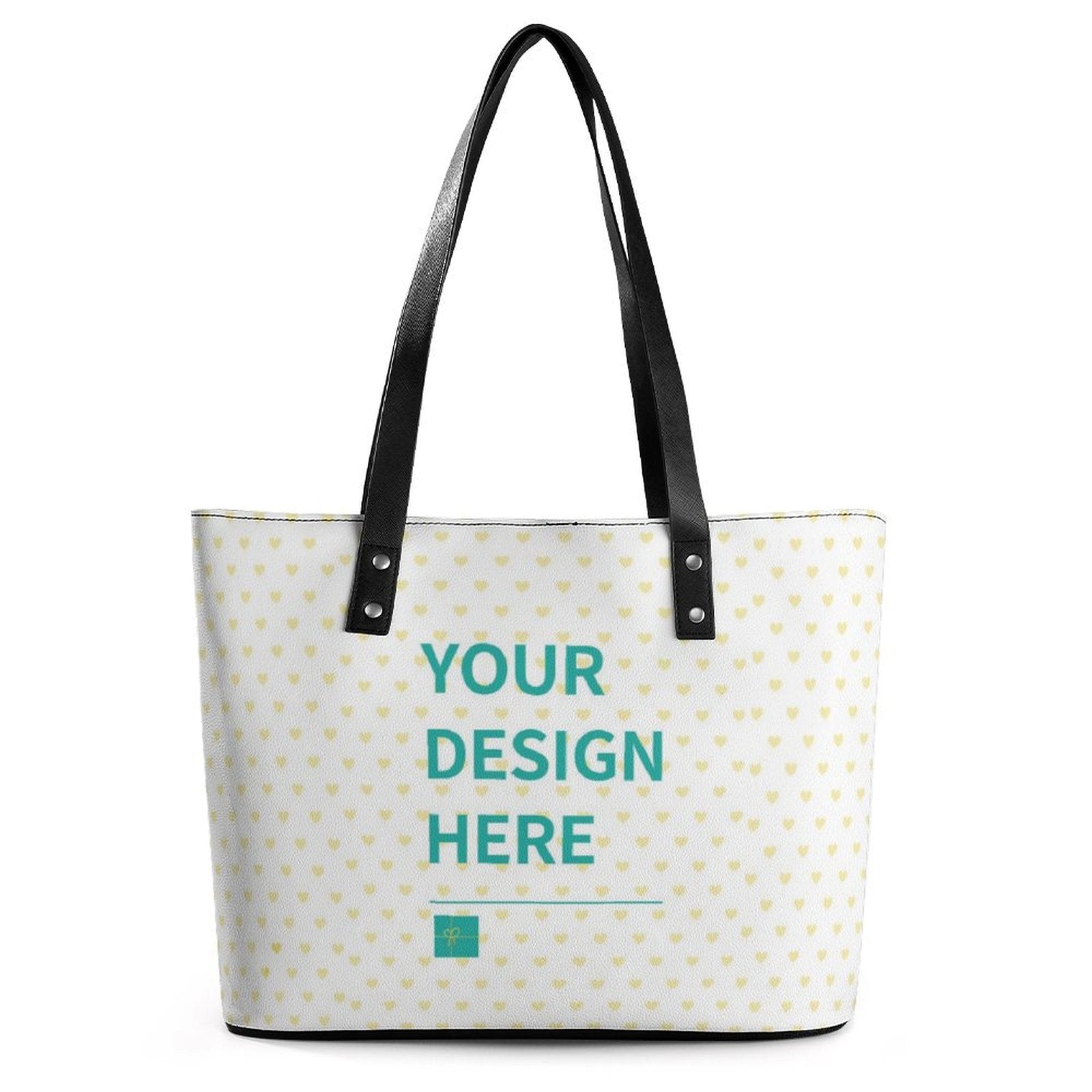 Customizable leather tote bag for women with heart pattern, personalized with your design.