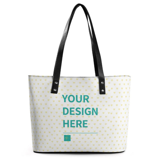 Customizable leather tote bag for women with heart pattern, personalized with your design.