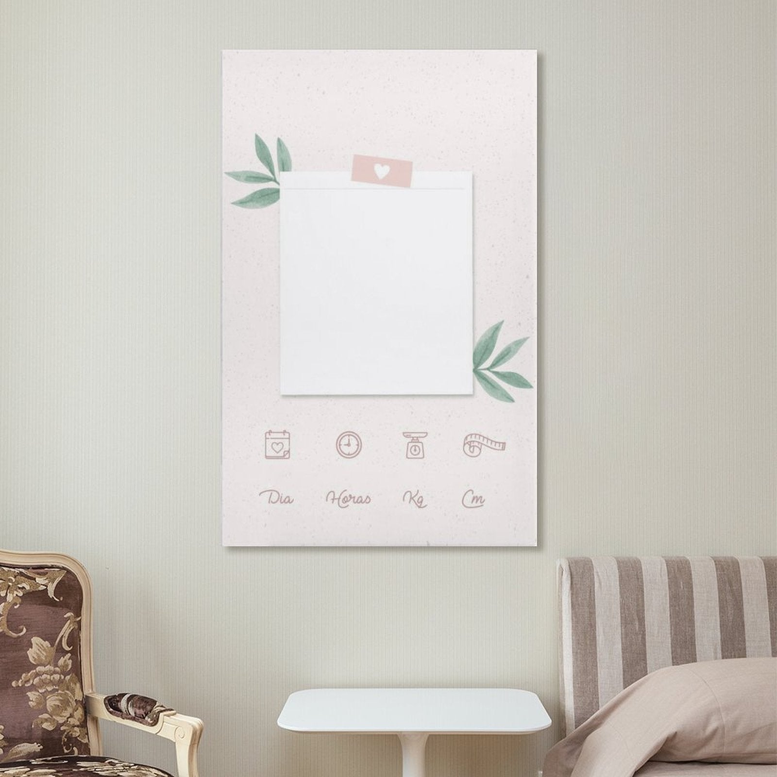 Customizable wall art journal with daily tracking options (Dia, Horas, Kg, Cm) for personalized note-taking