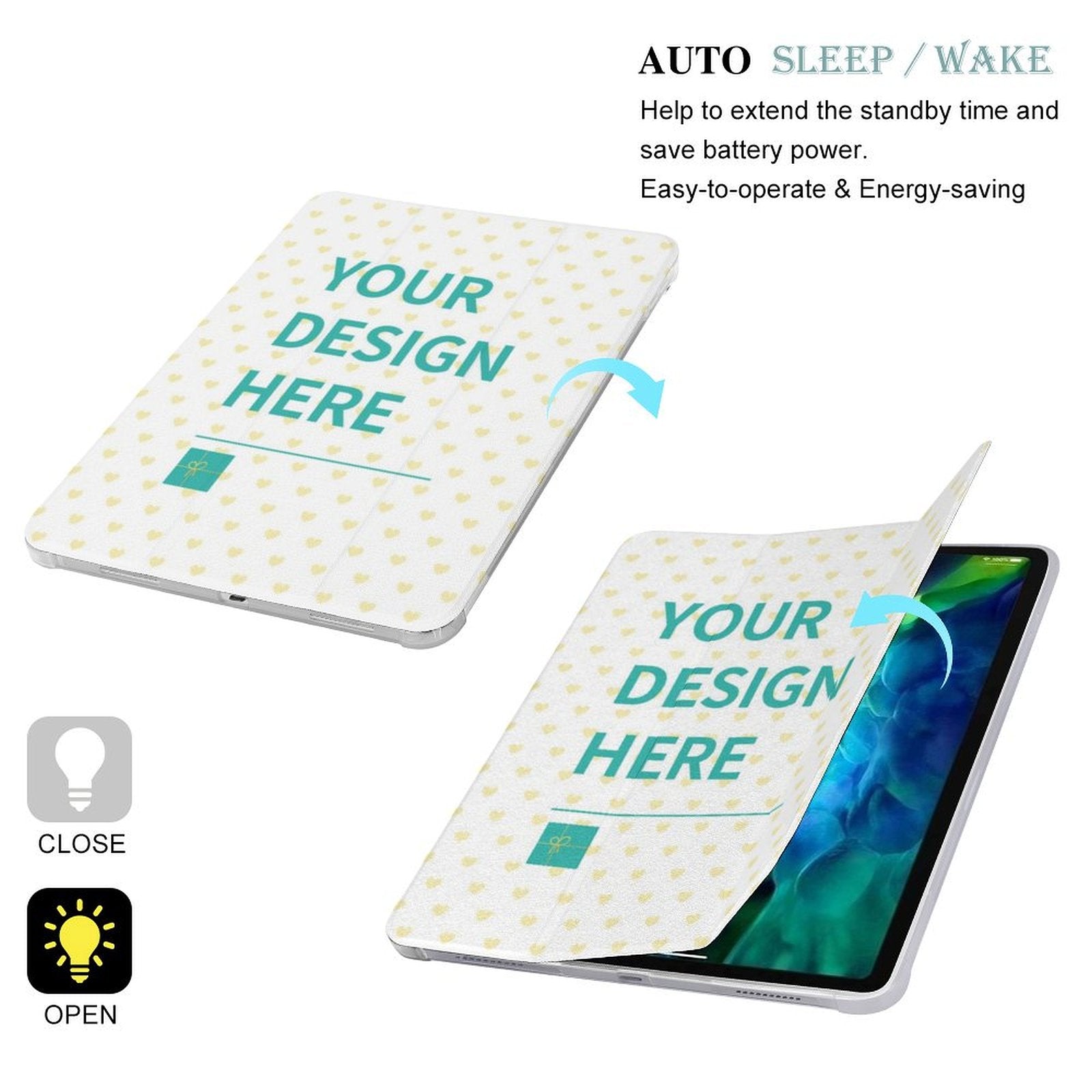 Custom iPad Pro 2021 case with "YOUR DESIGN HERE" design, protective cover with auto sleep/wake