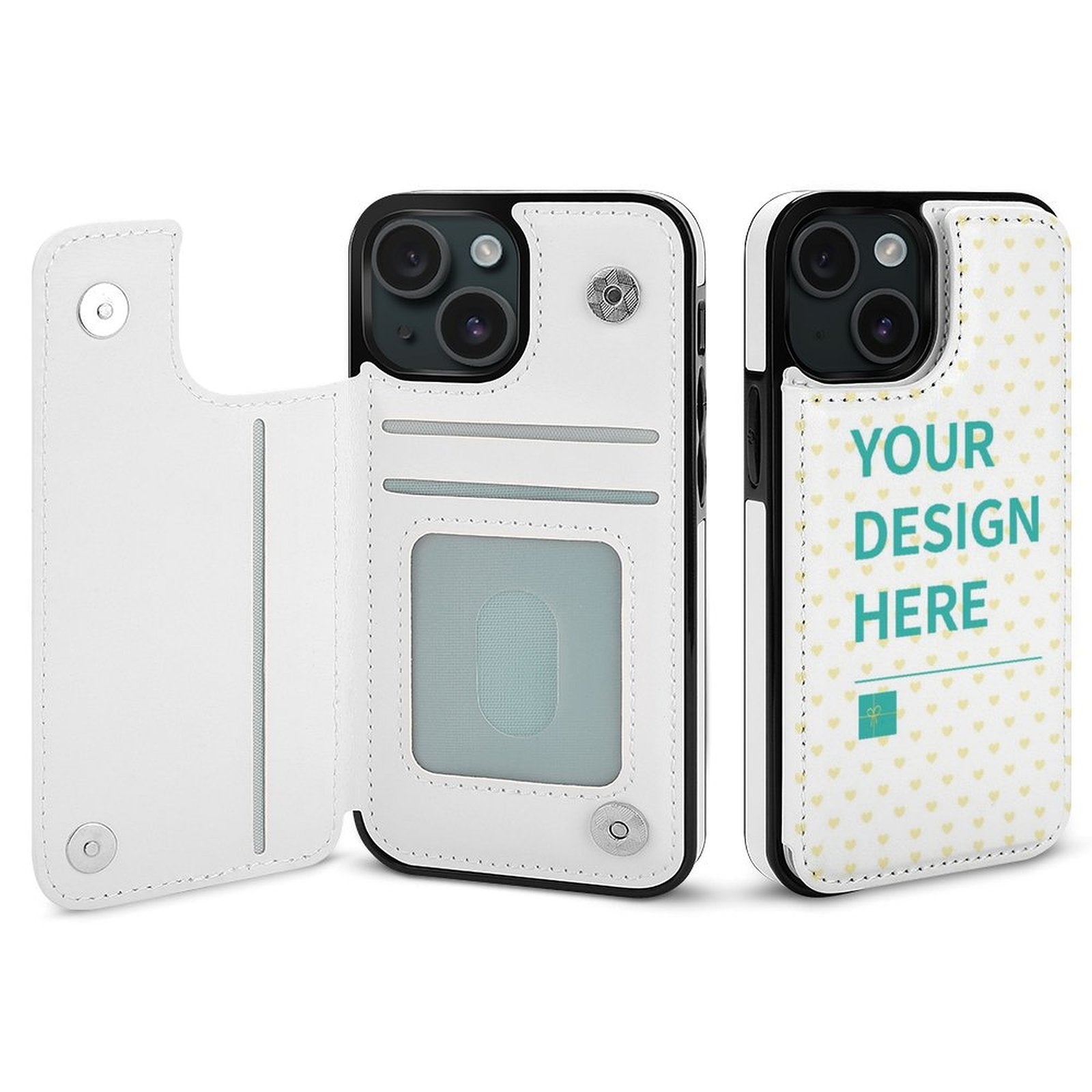 White PU Leather iPhone 15 Series Flip Case with Custom Design, Card Slots, and Magnetic Closure