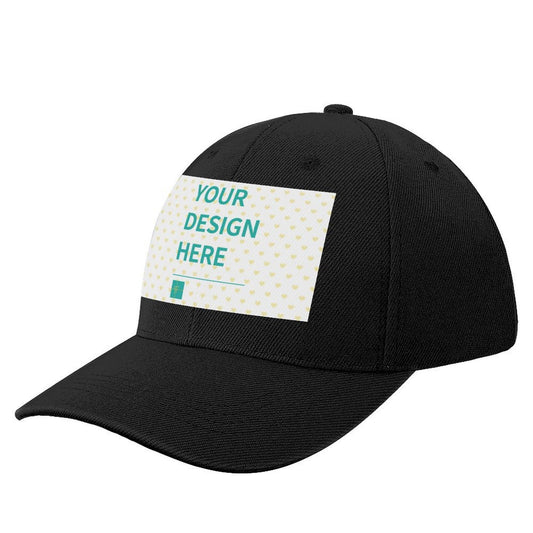 Custom black baseball cap with 'YOUR DESIGN HERE' text, designed for men and women, made of polyester