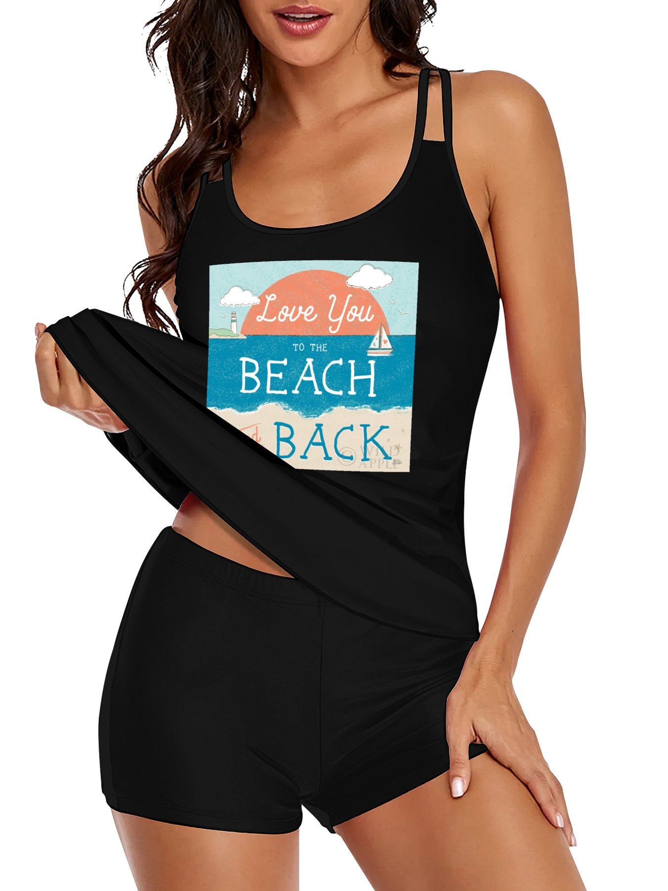 Black tankini swimsuit for women with "Love You to the Beach and Back" graphic for beach vacations