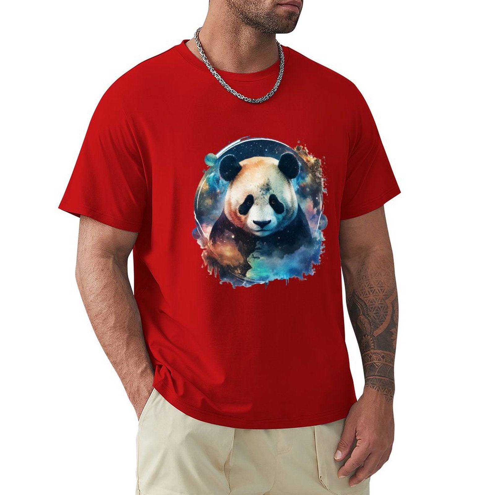 Red men's crew neck t-shirt with panda graphic, MyArtsyGift, comfortable cotton tee, classic design