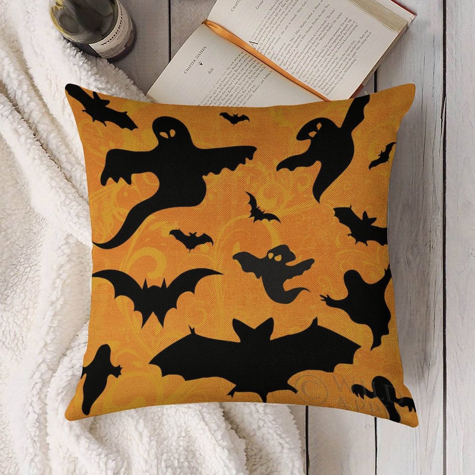 Halloween Linen Throw Pillow Case Set with Bats and Ghosts, perfect for living room decor