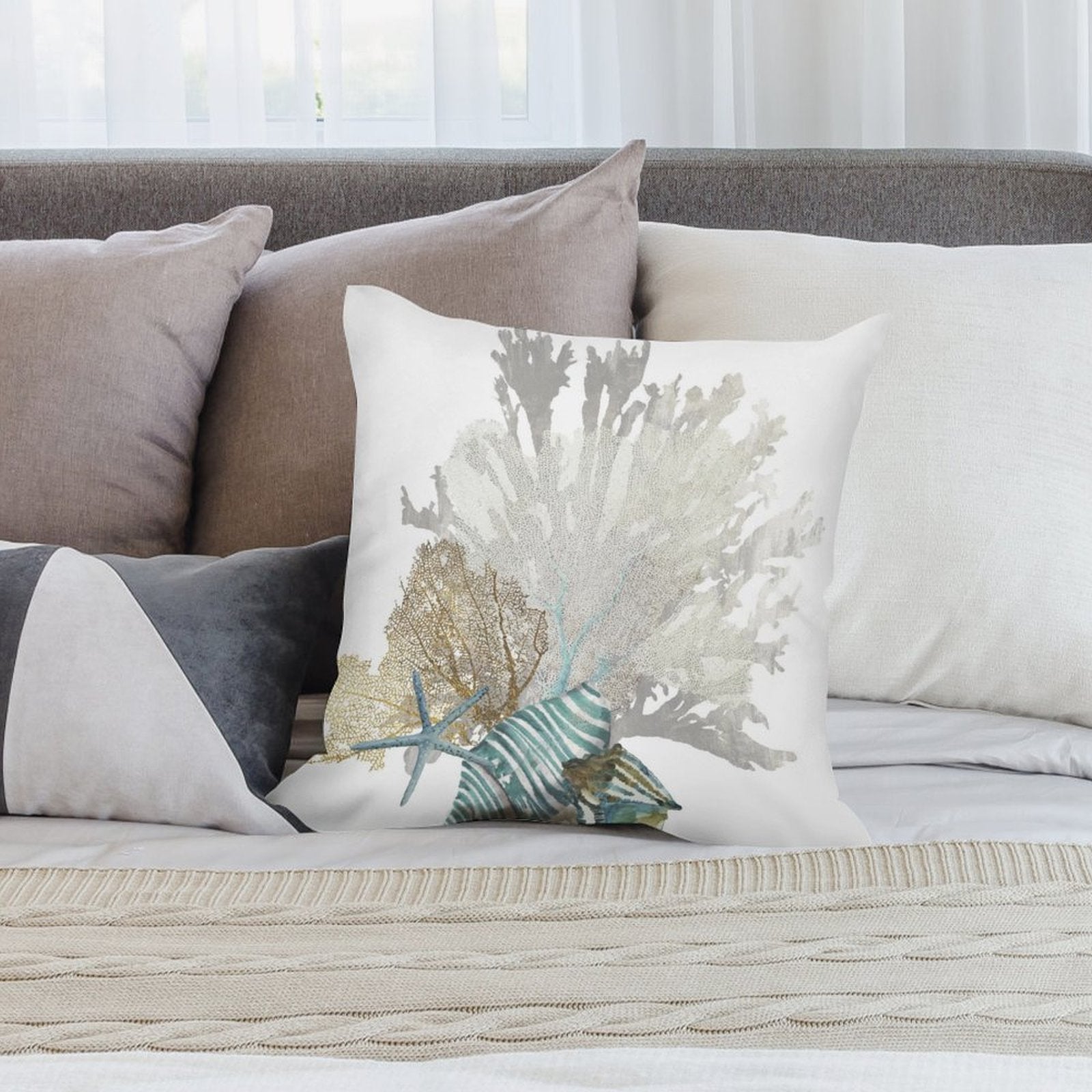 White plush throw pillow cover with coral reef design for sofa or couch. Soft and fluffy decorative pillow.