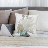 White plush throw pillow cover with coral reef design for sofa or couch. Soft and fluffy decorative pillow.
