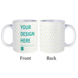 Personalized white ceramic mug, custom design with "YOUR DESIGN HERE" text, yellow heart pattern, ideal gift.