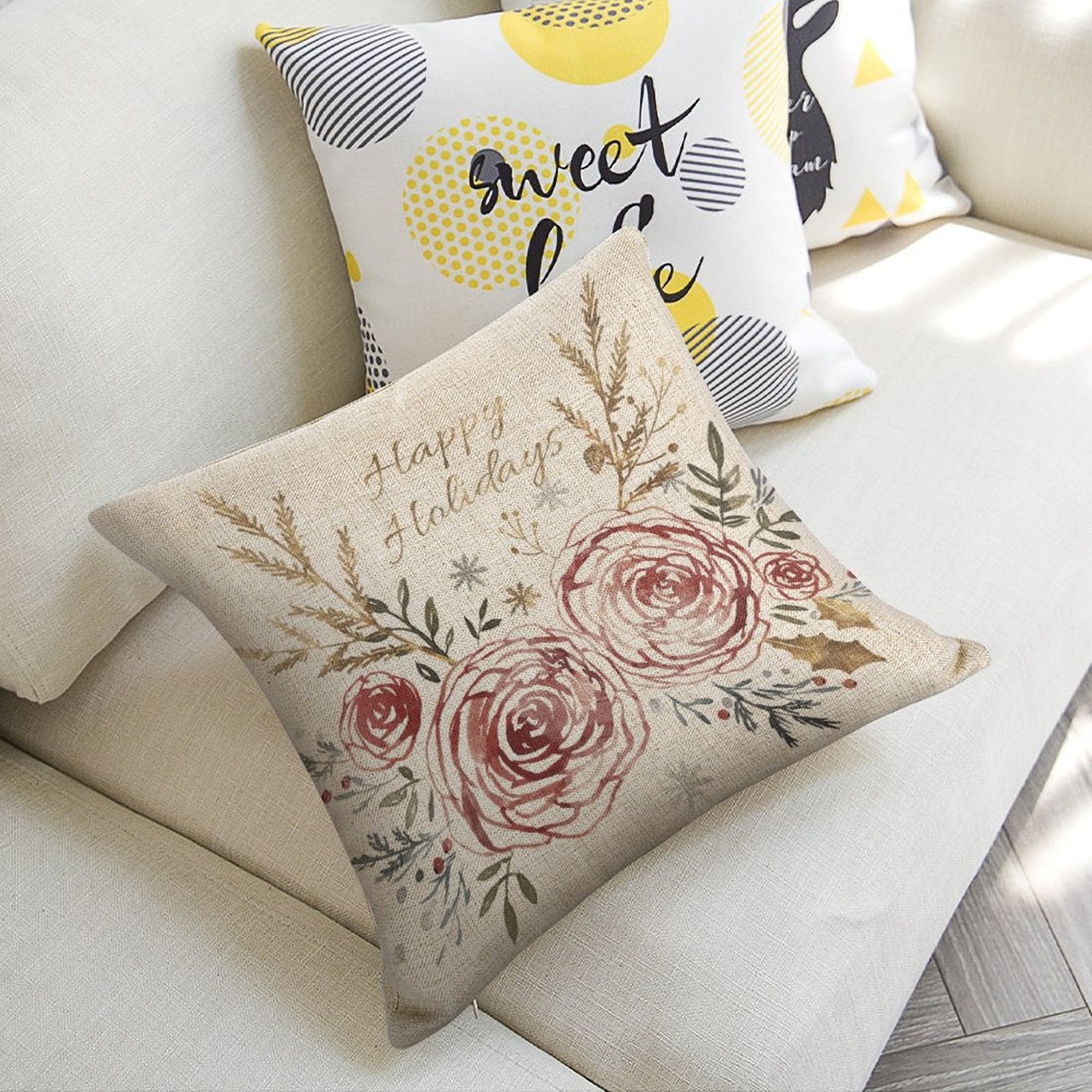 Happy Holidays linen pillow cover with floral design for sofa decor