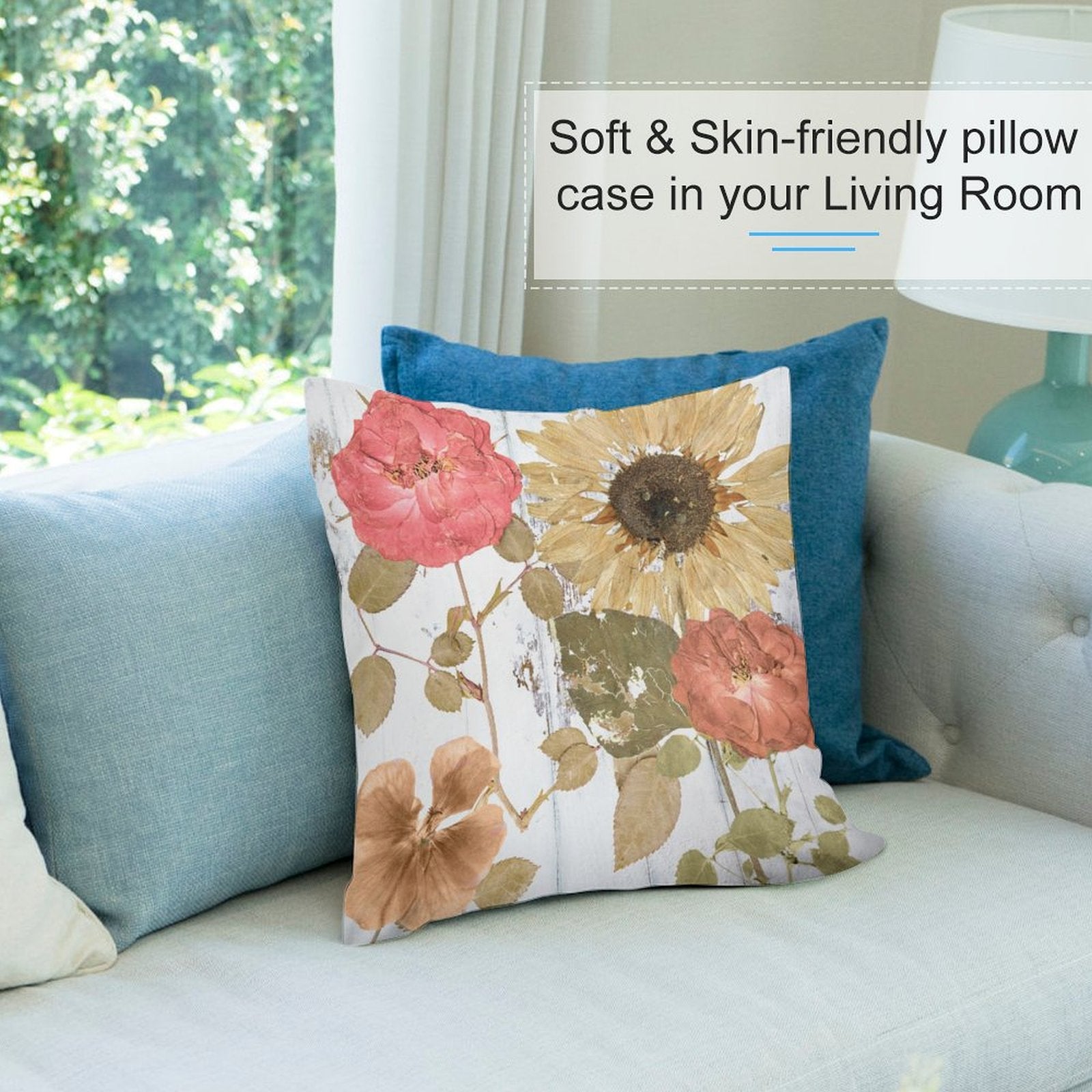 Soft plush pillow cover with floral print, dried roses and sunflower, sofa or bed decor, skin-friendly material.