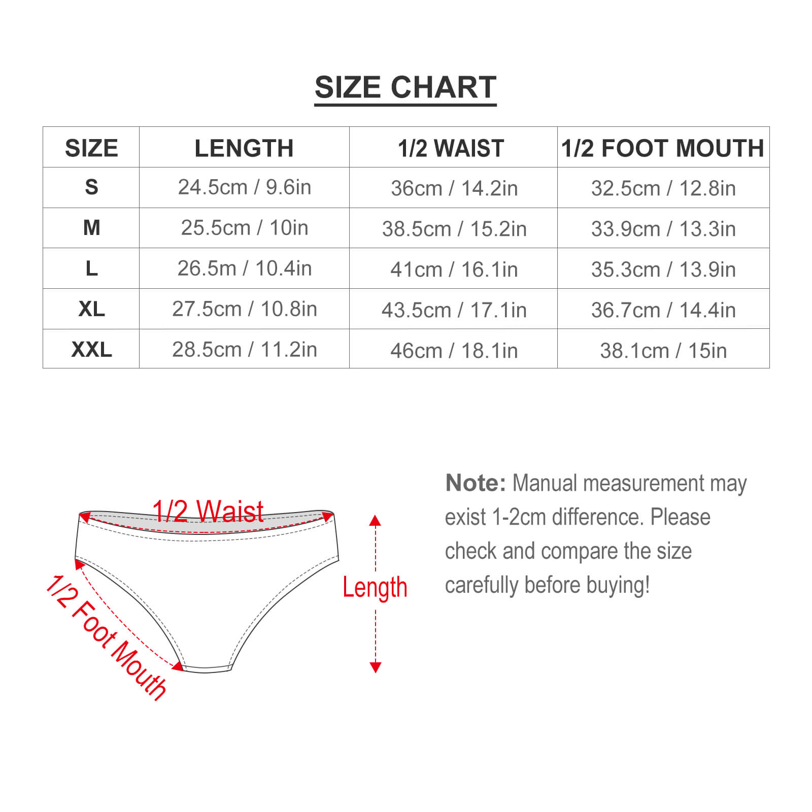 Custom thong panties size chart: Sizes, lengths, waist, and foot measurements. Compare before buying personalized underwear.