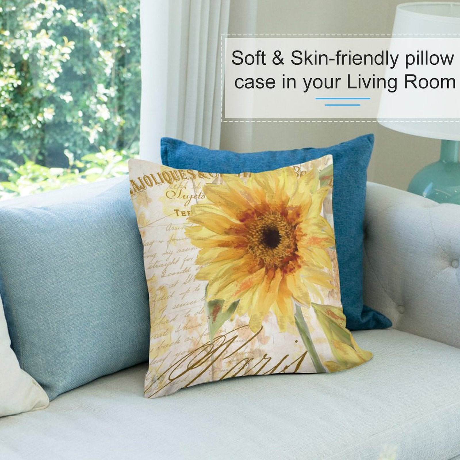 Square throw pillow cover set, short plush sunflower design and solid blue pillows, home decor for living room or sofa