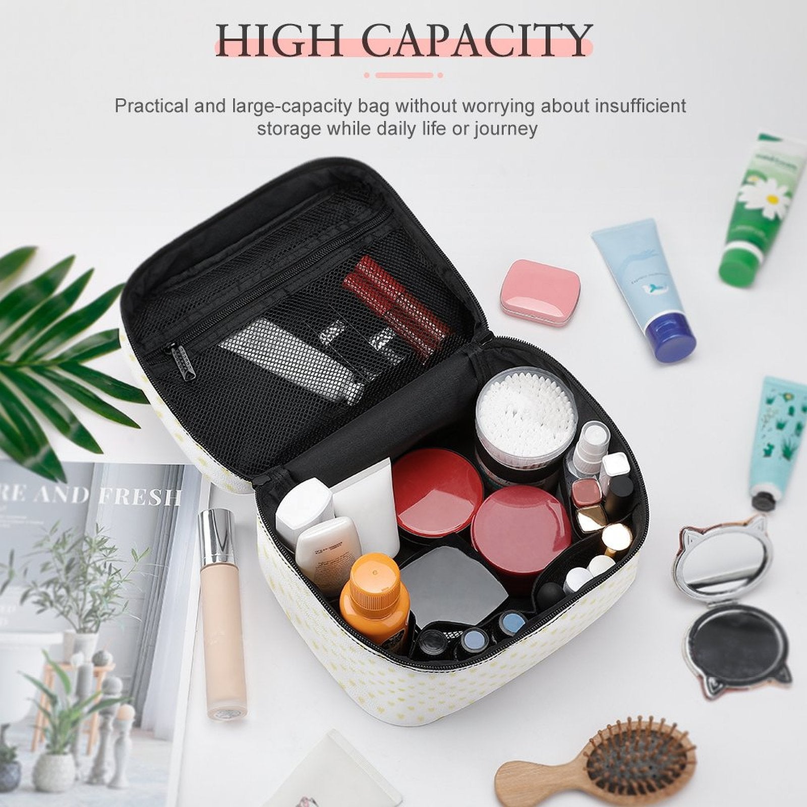 White lychee leather makeup bag with 'HIGH CAPACITY' text, filled with cosmetics, travel-friendly, makeup case organizer