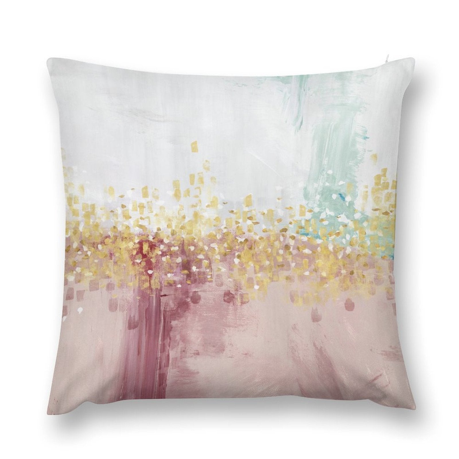 Plush pillow cover with abstract art, pink, gold, and teal colors; ideal for sofa, couch, or living room decoration.