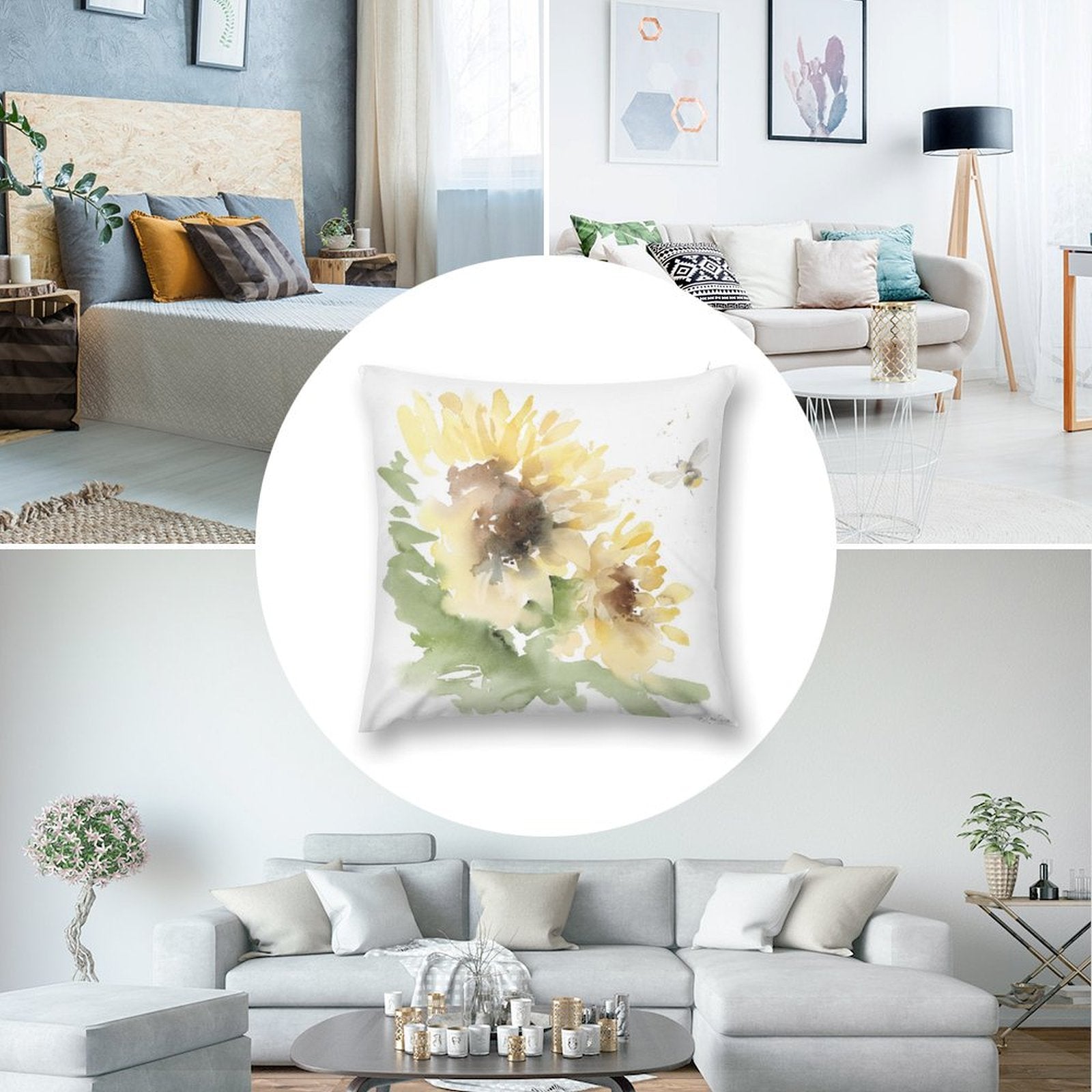 Watercolor sunflower and bee pillow cover, plush decorative pillow cover for sofa and living room, from MyArtsyGift.