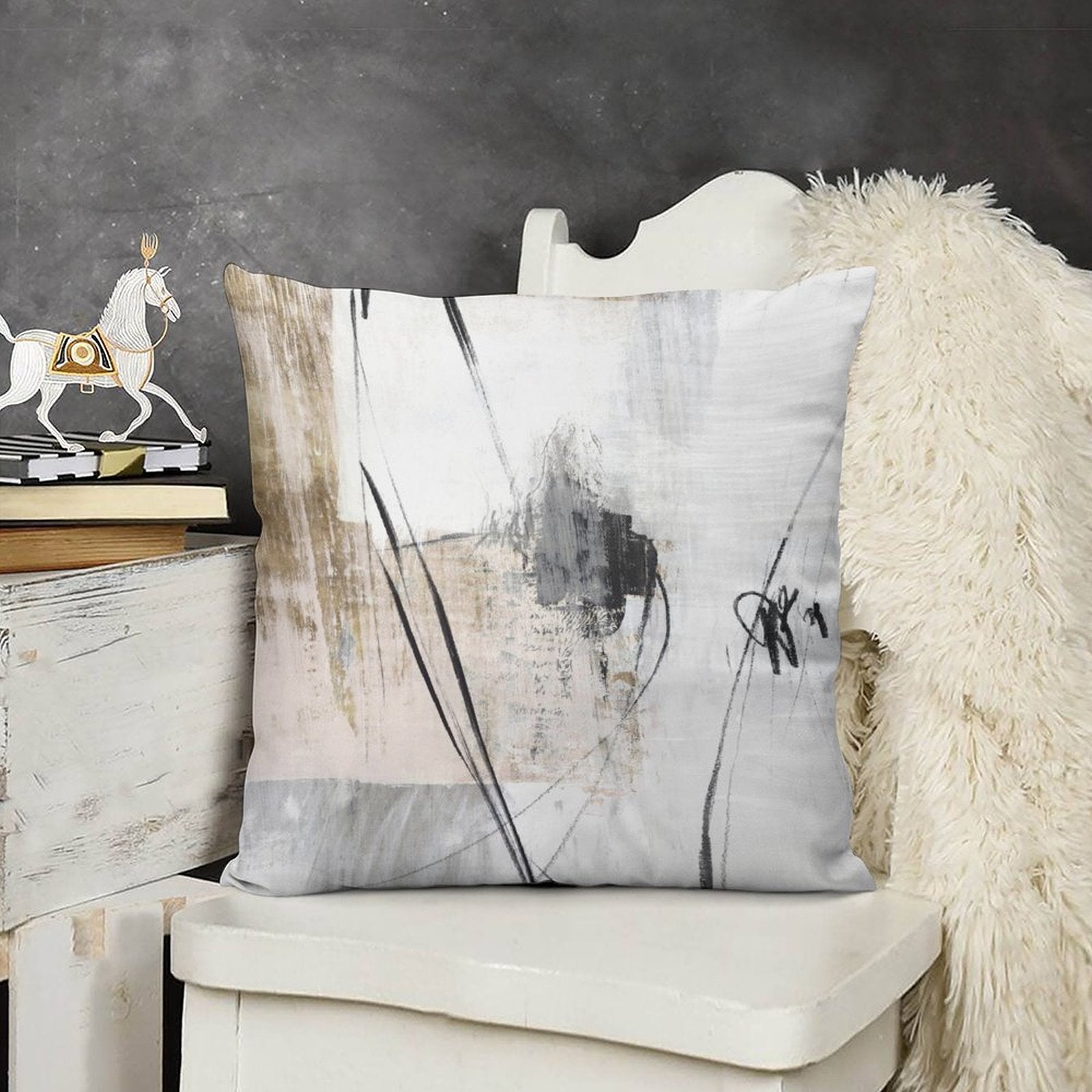 Abstract art pillow cover in neutral tones for sofa, couch, or living room. Soft plush fabric. Decorative and stylish.