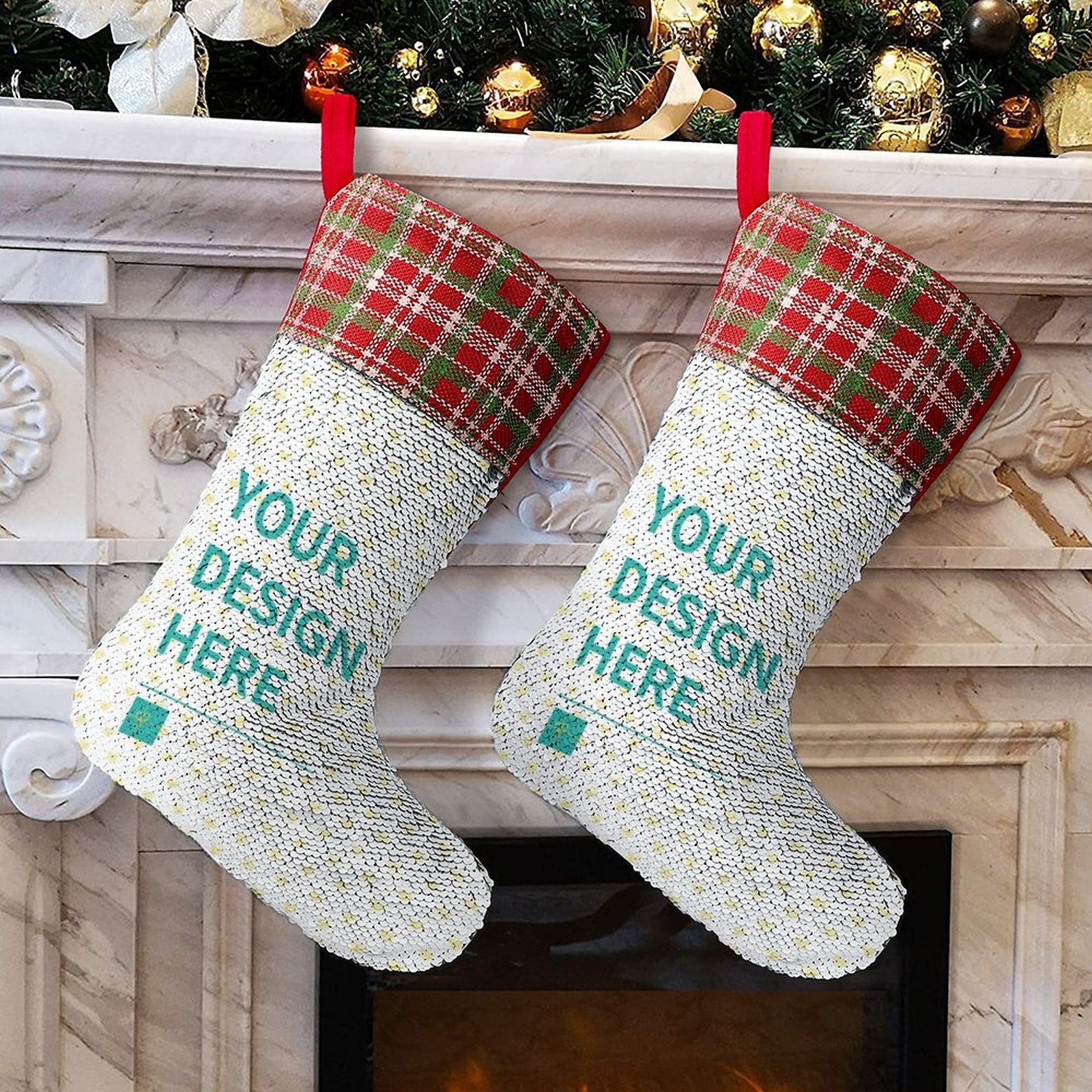 Personalized sequin Christmas stocking with plaid cuff, customizable design for Christmas party decoration