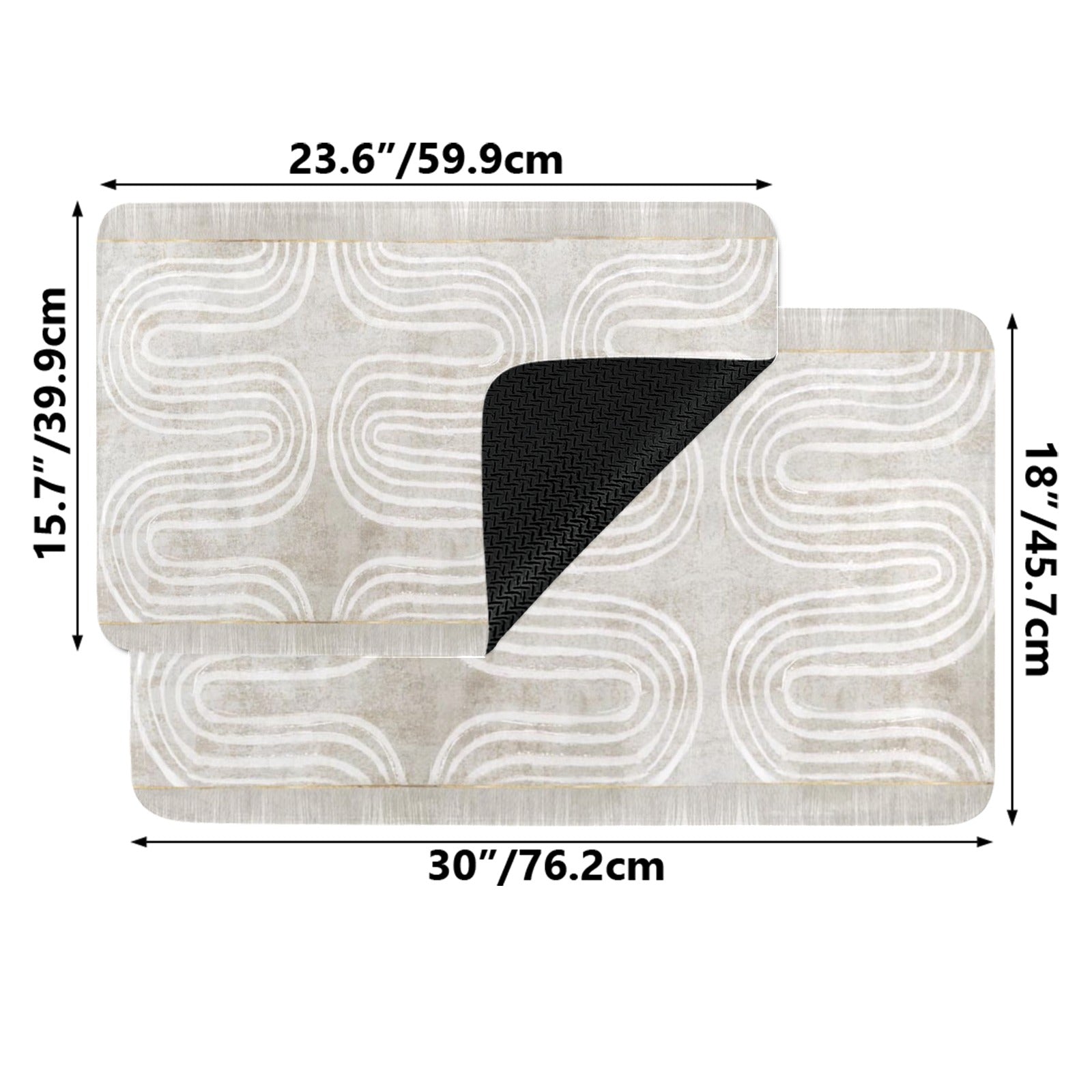 Abstract beige rubber doormat with white wave pattern, ideal for indoor/outdoor use, featuring size details.